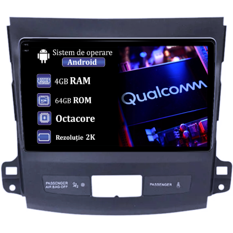 Outlander 2005-2011 - Navigatie dedicata Mitsubishi Outlander 2006-2014, 4GB RAM 64GB ROM, Procesor Qualcomm Octacore, Android 14, Rezolutie 2K, Display QLED 9", DSP, Carplay&Android Auto, SIM 4G