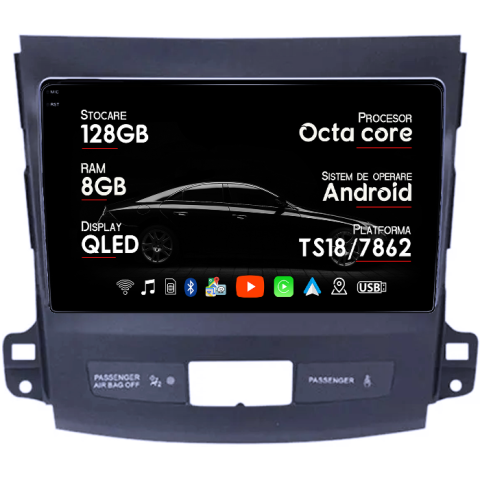 Outlander 2005-2011 - Navigatie dedicata Mitsubishi Outlander 2006-2014, 8GB RAM 128GB ROM, Octacore, Platforma TS18, Android 13, Display QLED 9”, Suporta camera 360º, DSP, Carplay&Android Auto, SIM 4G, Ventilator Ac