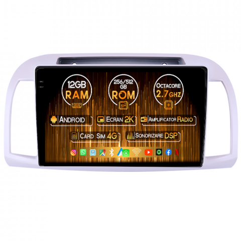 Nissan - Navigatie dedicata Nissan Micra 2002-2010, 12GB RAM 256GB ROM, Android 14, Rezolutie 2K, Display QLED, 9", DSP, Carplay, Android Auto, Internet, Youtube, Waze, Wi Fi, USB