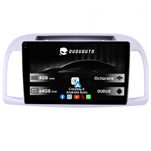March 2002-2010 - Navigatie dedicata Nissan Micra 2002-2020, DUDU3, 4GB RAM 64GB ROM, Octacore, Platforma 8581, Android, Display QLED 9", DSP, Carplay&AndroidAuto