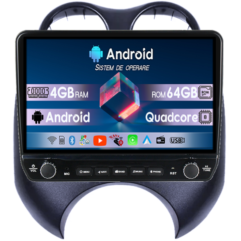 March 2010-2013 - Navigatie dedicata Nissan March 2010-2013 Tesla cu butoane rotative model 2024, 4GB RAM 64GB ROM, Procesor Quadcore, Android 14, Display QLED 10", DSP, Carplay&Android Auto