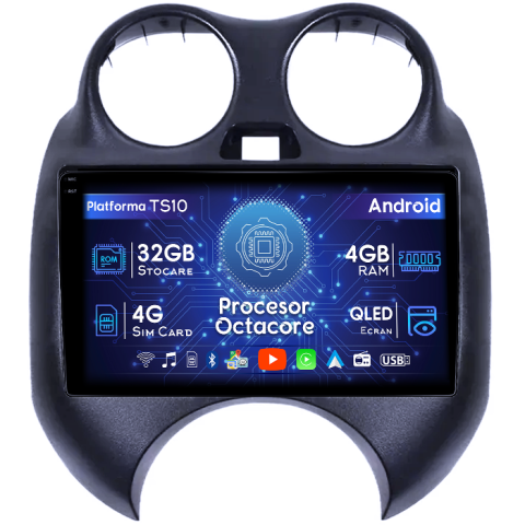 March 2010-2013 - Navigatie dedicata Nissan March 2010-2013 & Micra 2010-2015, 4GB RAM 32GB ROM, Octacore, Android 14, Display QLED 1K 9", DSP, Carplay&Android Auto, SIM 4G, Bluetooth, Ventilator Activ