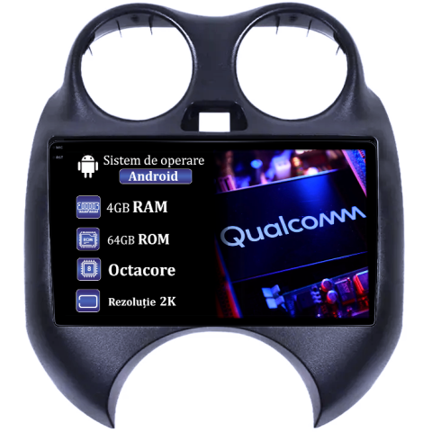 March 2010-2013 - Navigatie dedicata Nissan March 2010-2013 & Micra 2010-2015, 4GB RAM 64GB ROM, Procesor Qualcomm Octacore, Android 14, Rezolutie 2K, Display QLED 9", DSP, Carplay&Android Auto, SIM 4G