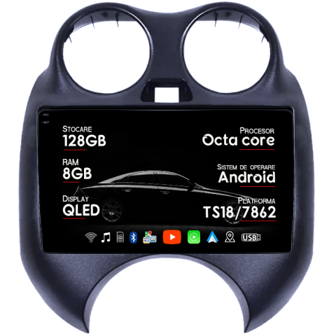 March 2010-2013 - Navigatie dedicata Nissan March 2010-2013 & Micra 2010-2015, 8GB RAM 128GB ROM, Octacore, Platforma TS18, Android 13, Display QLED 9”, Suporta camera 360º, DSP, Carplay&Android Auto, SIM 4G, Ventilato