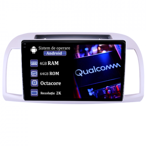 Micra - Navigatie dedicata Nissan Micra 2002-2020, 4GB RAM 64GB ROM, Procesor Qualcomm Octacore, Android 14, Rezolutie 2K, Display QLED 9", DSP, Carplay&Android Auto, SIM 4G