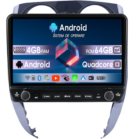 Note 2012-2019 - Navigatie dedicata Nissan Note 2012-2019 Tesla cu butoane rotative model 2024, 4GB RAM 64GB ROM, Procesor Quadcore, Android 14, Display QLED 10", DSP, Carplay&Android Auto