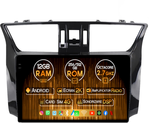 Navigatii Dedicate - Navigatie dedicata Nissan Sylphy 2003-2012, 12GB RAM 256GB ROM, Android 14, Rezolutie 2K, Display QLED, 9", DSP, Carplay, Android Auto, Internet, Youtube, Waze, Wi Fi, USB