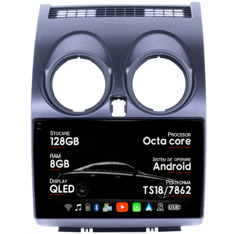 Navigatii Dedicate - Navigatie dedicata Nissan Qashqai 2006-2013, 8GB RAM 128GB ROM, Octacore, Platforma TS18, Android 14, Display QLED 9", Suporta camera 360", DSP, Carplay&Android Auto, SIM 4G, Ventilator Activ