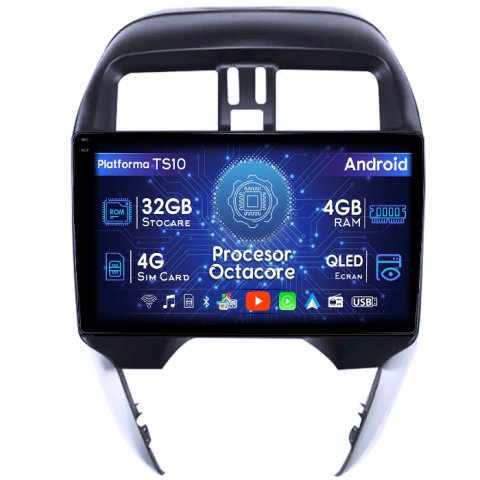 Sunny 2019 - Navigatie dedicata Nissan Sunny 2019, 4GB RAM 32GB ROM, Octacore, Android 14, Display QLED 1K 10", DSP, Carplay&Android Auto, SIM 4G, Bluetooth, Ventilator Activ