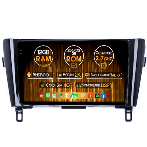 X-Trail T32 (2014-) - Navigatie dedicata Nissan X-Trail, Qashqai 2013-2018, 12GB RAM 256GB ROM, Android 14, Rezolutie 2K, Display QLED, 9", DSP, Carplay, Android Auto, Internet, Youtube, Waze, Wi Fi, USB