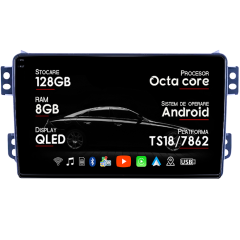 Agila - Navigatie dedicata Opel Agila 2007-2014/Suzuki Splash, 8GB RAM 128GB ROM, Octacore, Platforma TS18, Android 13, Display QLED 9”, Suporta camera 360º, DSP, Carplay&Android Auto, SIM 4G, Ventilator Acti