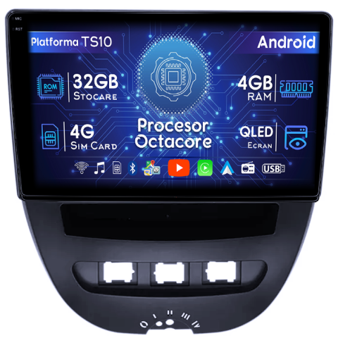 Peugeot 107 2009-2015 - Navigatie dedicata Peugeot 107 2009-2015, 4GB RAM 32GB ROM, Octacore, Android 14, Display QLED 1K 10", DSP, Carplay&Android Auto, SIM 4G, Bluetooth, Ventilator Activ