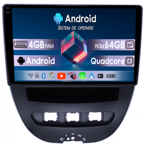 Peugeot 107 2009-2015 - Navigatie dedicata Peugeot 107 2009-2015, 4GB RAM 64GB ROM, Quad Core, Display 10" QLED 1K, Carplay, Android 14, Bluetooth, Magazin Play, Suport Camere AHD