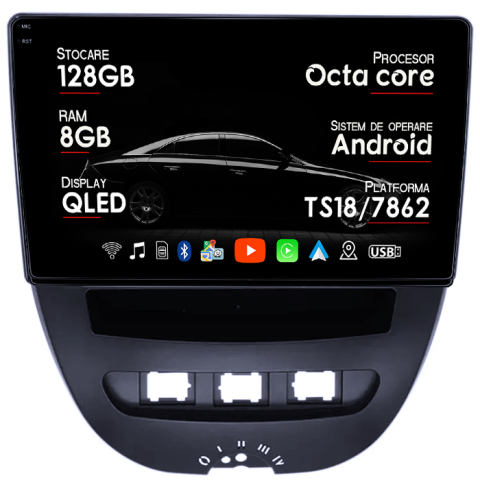 Peugeot 107 2009-2015 - Navigatie dedicata Peugeot 107 2009-2015, 8GB RAM 128GB ROM, Octacore, Platforma TS18, Android 13, Display QLED 10”, Suporta camera 360º, DSP, Carplay&Android Auto, SIM 4G, Ventilator Activ