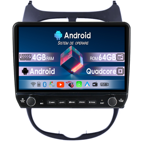 Peugeot 206 1998-2009 - Navigatie dedicata Peugeot 206 1998-2009 Tesla cu butoane rotative model 2024, 4GB RAM 64GB ROM, Procesor Quadcore, Android 14, Display QLED 10", DSP, Carplay&Android Auto