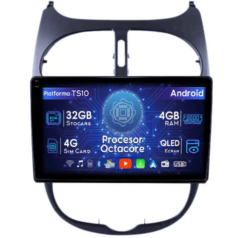 Peugeot 206 1998-2009 - Navigatie dedicata Peugeot 206 2004-2008, 4GB RAM 32GB ROM, Octacore, Android 14, Display QLED 1K 9", DSP, Carplay&Android Auto, SIM 4G, Bluetooth, Ventilator Activ