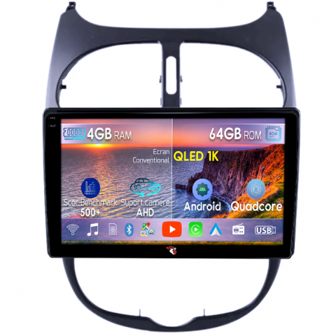 Peugeot - Navigatie dedicata Peugeot 206 2004-2008, 4GB RAM 64GB ROM, Octacore, Android 14, Display QLED 1K 9", Carplay&Android Auto, SIM 4G, Ventilator Activ