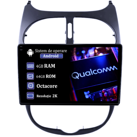 Peugeot 206 1998-2009 - Navigatie dedicata Peugeot 206, 4GB RAM 64GB ROM, Procesor Qualcomm Octacore, Android 14, Rezolutie 2K, Display QLED 9", DSP, Carplay&Android Auto, SIM 4G