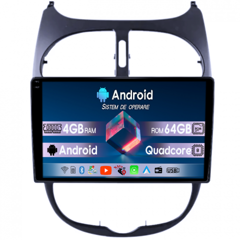 Peugeot 206 1998-2009 - Navigatie dedicata Peugeot 206, 4GB RAM 64GB ROM, Quad Core, Display 9" QLED 1K, Carplay, Android 14, Bluetooth, Magazin Play, Suport Camere AHD