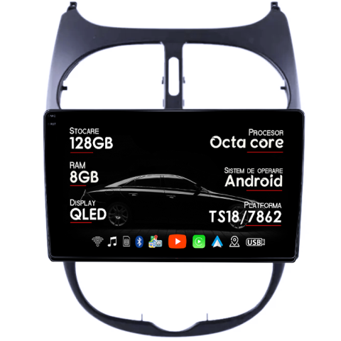 Peugeot 206 1998-2009 - Navigatie dedicata Peugeot 206, 8GB RAM 128GB ROM, Octacore, Platforma TS18, Android 13, Display QLED 9”, Suporta camera 360º, DSP, Carplay&Android Auto, SIM 4G, Ventilator Activ