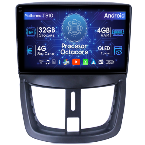 Peugeot - Navigatie dedicata Peugeot 207 2006-2015, 4GB RAM 32GB ROM, Octacore, Android 14, Display QLED 1K 9", DSP, Carplay&Android Auto, SIM 4G, Bluetooth, Ventilator Activ