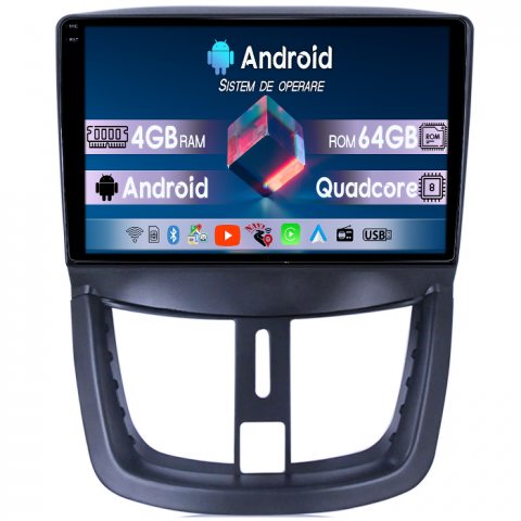 Peugeot - Navigatie dedicata Peugeot 207 2006-2015, 4GB RAM 64GB ROM, Quad Core, Display 9" QLED  Carplay, Android 14, Bluetooth, Magazin Play, Suport Camere AHD