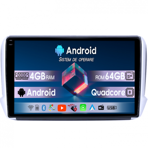 Peugeot - Navigatie dedicata Peugeot 208 / 2008 2012-2020, 4GB RAM 64GB ROM, Quad Core, Display 9" QLED  Carplay, Android 14, Bluetooth, Magazin Play, Suport Camere AHD