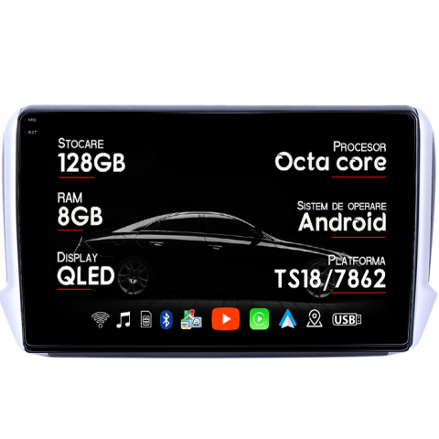 Navigatii Dedicate - Navigatie dedicata Peugeot 208 / 2008 2012-2020, 8GB RAM 128GB ROM, Octacore, Platforma TS18, Android 14, Display QLED 9", Suporta camera 360", DSP, Carplay&Android Auto, SIM 4G, Ventilator Acti