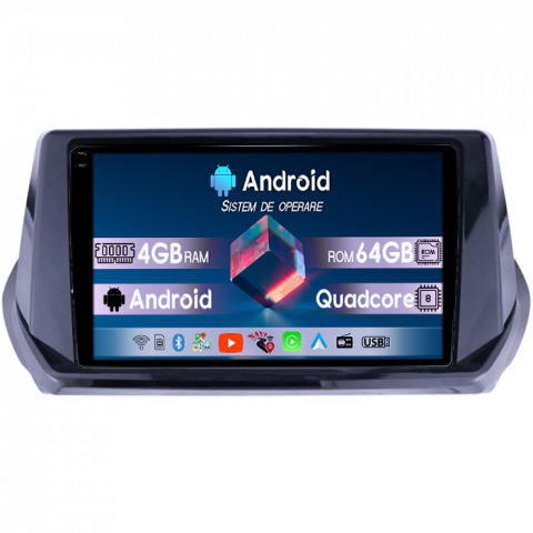 Peugeot 2008 - Navigatie dedicata Peugeot 208/2008 2019+, 4GB RAM 64GB ROM, Quadcore, Android 14, Display QLED 1K, 9", DSP, Carplay&Android Auto, Suport camere AHD