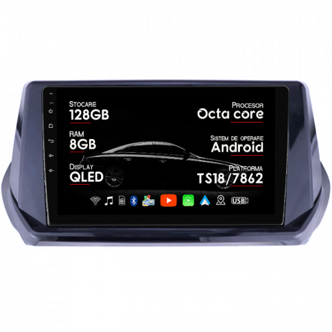 Peugeot 2008 - Navigatie dedicata Peugeot 208/2008 2019+, 8GB RAM 128GB ROM, Octacore, Platforma TS18, Android 14, Display QLED 9”, Suporta camera 360º, DSP, Carplay&Android Auto, SIM 4G, Ventilator Activ