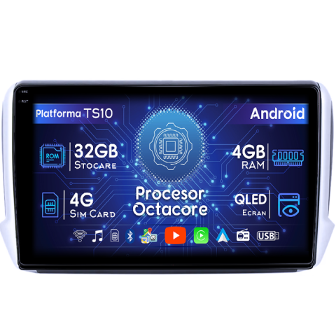 Peugeot - Navigatie dedicata Peugeot 208, 4GB RAM 32GB ROM, Octacore, Android 14, Display QLED 1K 10", DSP, Carplay&Android Auto, SIM 4G, Bluetooth, Ventilator Activ