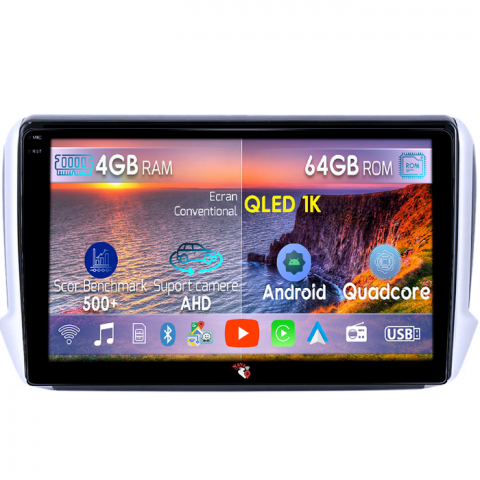 Peugeot - Navigatie dedicata Peugeot 208, 4GB RAM 64GB ROM, Octacore, Android 14, Display QLED 1K 10", Carplay&Android Auto, SIM 4G, Ventilator Activ