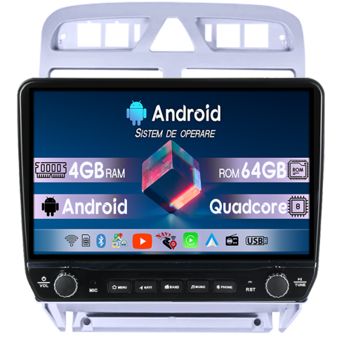 Navigatii Dedicate - Navigatie dedicata Peugeot 307 2001-2008 Tesla cu butoane rotative model 2024, 4GB RAM 64GB ROM, Procesor Quadcore, Android 14, Display QLED 10", DSP, Carplay&Android Auto