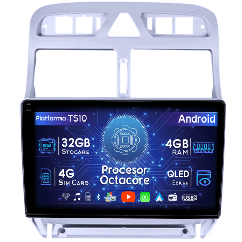 Peugeot 307 - Navigatie dedicata Peugeot 307 2000-2013, 4GB RAM 32GB ROM, Octacore, Android 14, Display QLED 1K 9", DSP, Carplay&Android Auto, SIM 4G, Bluetooth, Ventilator Activ