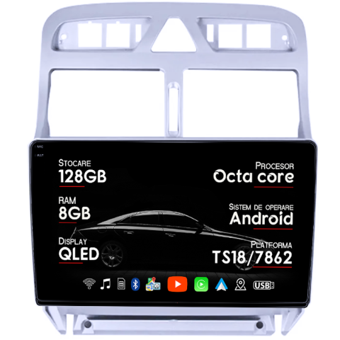 Navigatii Dedicate - Navigatie dedicata Peugeot 307 2001-2008, 8GB RAM 128GB ROM, Octacore, Platforma TS18, Android 14, Display QLED 9", Suporta camera 360", DSP, Carplay&Android Auto, SIM 4G, Ventilator Activ