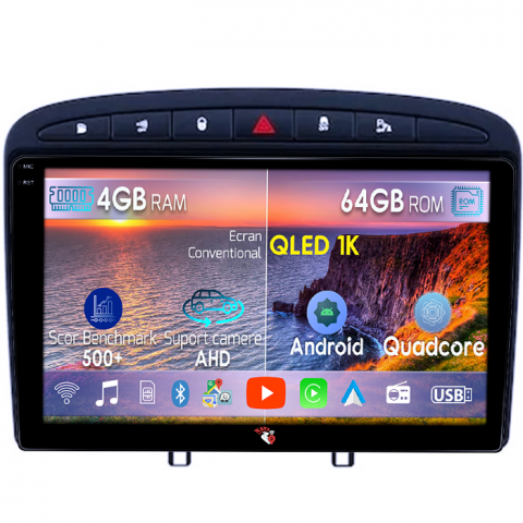 Peugeot 308 - Navigatie dedicata Peugeot 308/408 2008-2020, 4GB RAM 64GB ROM, Octacore, Android 14, Display QLED 1K 9", Carplay&Android Auto, SIM 4G, Ventilator Activ