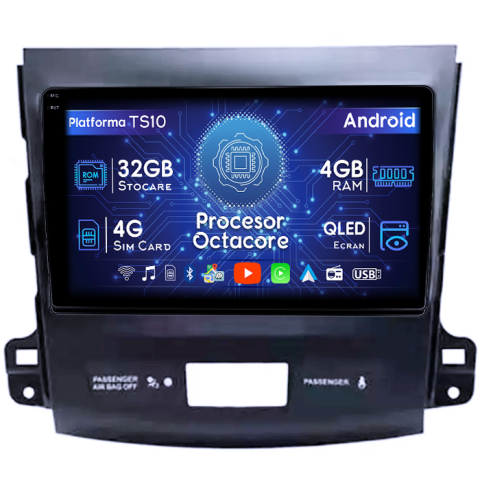 Peugeot 4007 - Navigatie dedicata Peugeot 4007 2007-2012, 4GB RAM 32GB ROM, Octacore, Android 14, Display QLED 1K 9", DSP, Carplay&Android Auto, SIM 4G, Bluetooth, Ventilator Activ