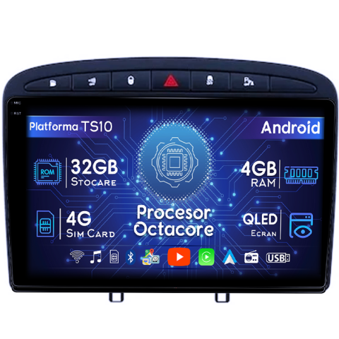 Peugeot 408 2008-2020 - Navigatie dedicata Peugeot 408 2008-2020, black, 4GB RAM 32GB ROM, Octacore, Android 14, Display QLED 1K 9", DSP, Carplay&Android Auto, SIM 4G, Bluetooth, Ventilator Activ