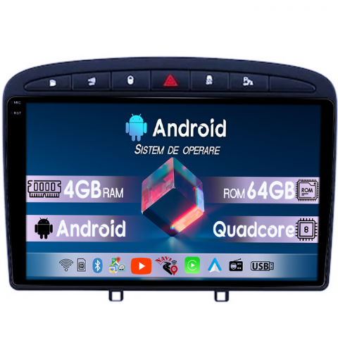 Peugeot - Navigatie dedicata Peugeot 408 2008-2020, black, Android 14, Wireless Carplay si Android auto 4GB RAM 64GB ROM, Display QLED 1K, 9" QLED 1K, Suport camere QLED 1K,