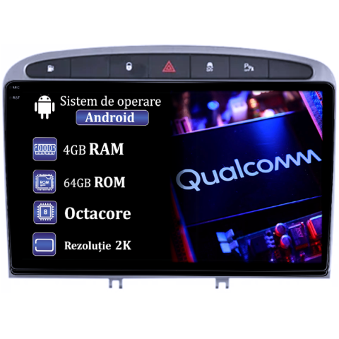 Peugeot 408 2008-2020 - Navigatie dedicata Peugeot 408 2008-2020, gri, 4GB RAM 64GB ROM, Procesor Qualcomm Octacore, Android 14, Rezolutie 2K, Display QLED 9", DSP, Carplay&Android Auto, SIM 4G