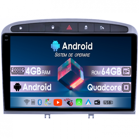 Peugeot - Navigatie dedicata Peugeot 408 2008-2020, gri, 4GB RAM 64GB ROM, Quad Core, Display 9" QLED 1K, Carplay, Android 14, Bluetooth, Magazin Play, Suport Camere AHD