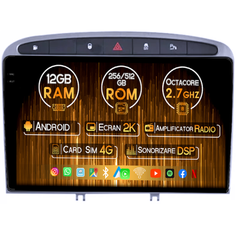 Peugeot - Navigatie dedicata Peugeot 408 GRAY, 12GB RAM 256GB ROM, Android 13, Rezolutie 2K, Display QLED, 9", DSP, Carplay, Android Auto, Internet, Youtube, Waze, Wi Fi, USB