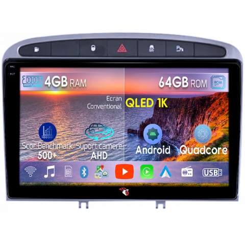 Peugeot - Navigatie dedicata Peugeot 408 GRAY, 4GB RAM 64GB ROM, Octacore, Android 14, Display QLED 1K 9", Carplay&Android Auto, SIM 4G, Ventilator Activ