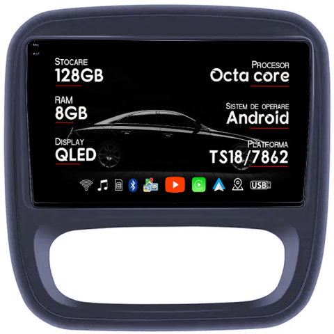 Trafic 3 - Navigatie dedicata Renault Captur, Trafic 3, 8GB RAM 128GB ROM, Octacore, Platforma TS18, Android 14, Display QLED 9â, Suporta camera 360Âş, DSP, Carplay&Android Auto, SIM 4G, Ventilator Activ