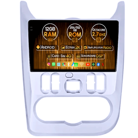 Logan 1 2008-2012 - Navigatie dedicata Renault&Dacia 2008-2012, 12GB RAM 256GB ROM, Android 13, Rezolutie 2K, Display QLED, 9", DSP, Carplay, Android Auto, Internet, Youtube, Waze, Wi