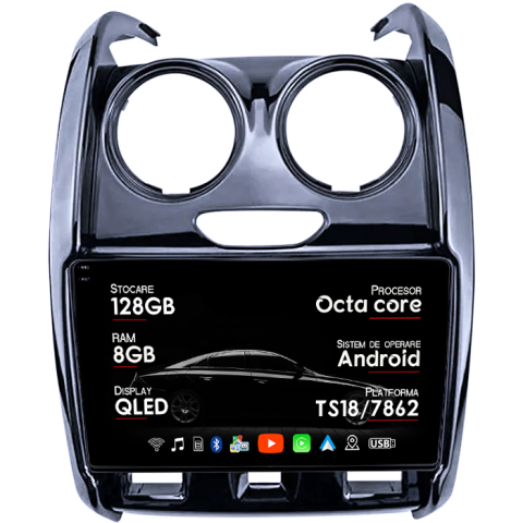 Navigatii Dedicate - Navigatie dedicata Renault Duster 2015-2020 Lada Largus 2021, 8GB RAM 128GB ROM, Octacore, Platforma TS18, Android 14, Display QLED 9", Suporta camera 360", DSP, Carplay&Android Auto, SIM 4G, Venti