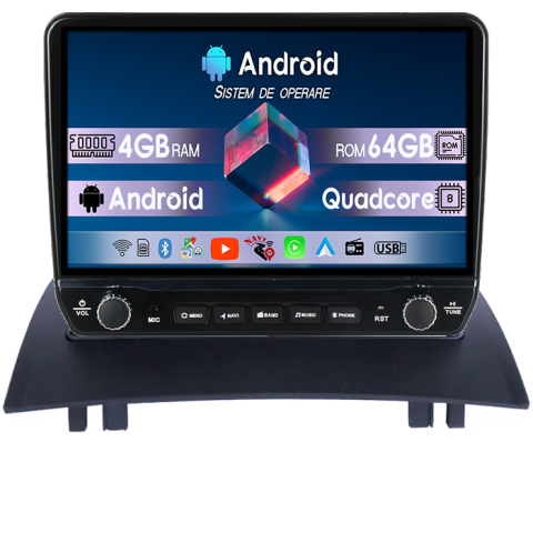 Megane 2 2002-2009 - Navigatie dedicata Renault Megane 2 2002-2009 Tesla cu butoane rotative model 2024, 4GB RAM 64GB ROM, Procesor Quadcore, Android 14, Display QLED 10", DSP, Carplay&Android Auto