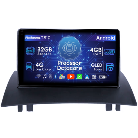 Megane 2 2002-2009 - Navigatie dedicata Renault Megane 2 2002-2009, 4GB RAM 32GB ROM, Octacore, Android 14, Display QLED 1K 9", DSP, Carplay&Android Auto, SIM 4G, Bluetooth, Ventilator Activ