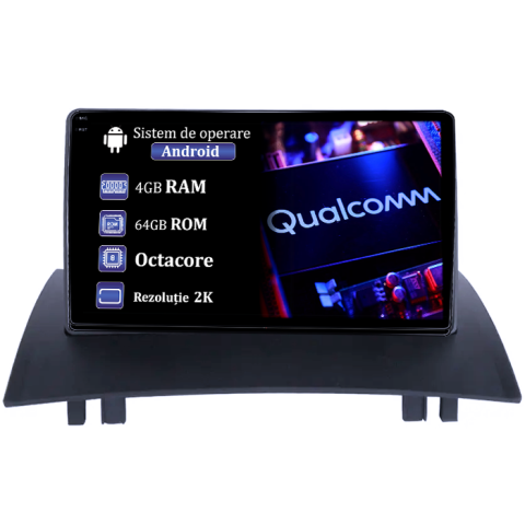 Megane 2 2002-2009 - Navigatie dedicata Renault Megane 2 2002-2009, 4GB RAM 64GB ROM, Procesor Qualcomm Octacore, Android 14, Rezolutie 2K, Display QLED 9", DSP, Carplay&Android Auto, SIM 4G
