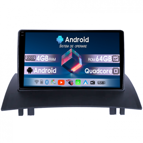 Megane 2 - Navigatie dedicata Renault Megane 2 2002-2009, 4GB RAM 64GB ROM, Quad Core, Display 9" QLED 1K, Carplay, Android 14, Bluetooth, Magazin Play, Suport Camere AHD